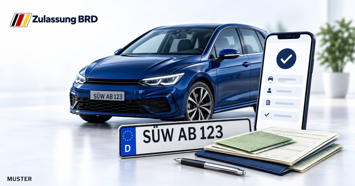 Online Fahrzeugzulassung in Herxheim bei Landau/ Pfalz: Musterkennzeichen SÜW AB 123, Auto und Fahrzeugpapiere und Smartphone. Illustration mit Logo von Zulassung BRD.